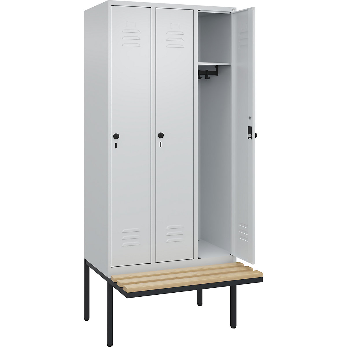 Armadietto Classic PLUS con panca – C+P, 3 scomparti, grigio chiaro, largh. 900 mm, serratura girevole di sicurezza, panca sporgente, legno duro di faggio-0