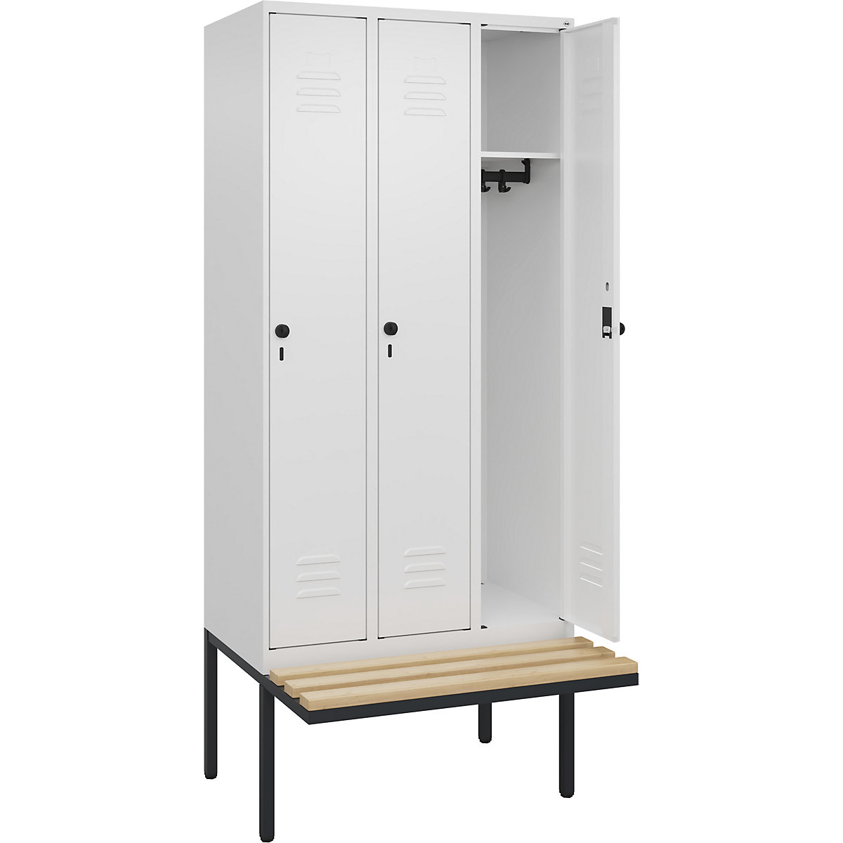 Armadietto Classic PLUS con panca – C+P, 3 scomparti, bianco traffico, largh. 900 mm, serratura girevole di sicurezza, panca sporgente, legno duro di faggio-0