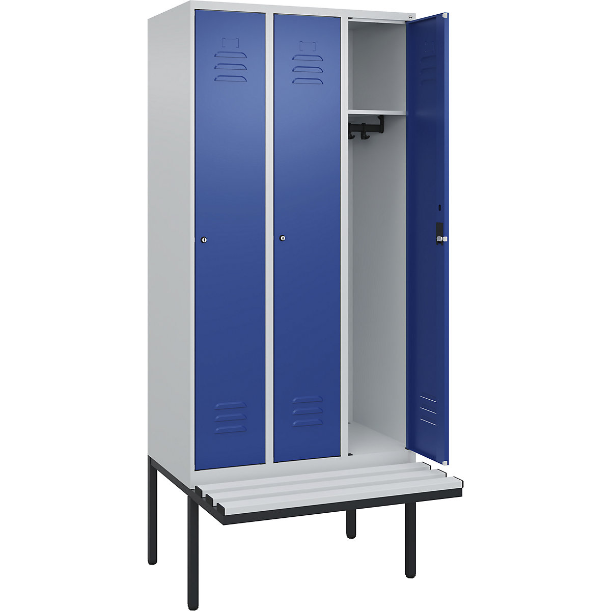 Armadietto Classic PLUS con panca – C+P, 3 scomparti, grigio chiaro / blu genziana, largh. 900 mm, serratura a cilindro, panca sporgente, plastica-0