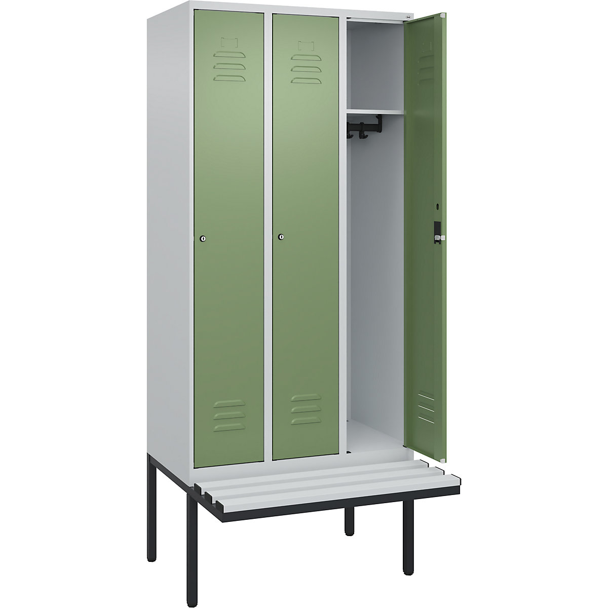 Armadietto Classic PLUS con panca – C+P, 3 scomparti, grigio chiaro / verde reseda, largh. 900 mm, serratura a cilindro, panca sporgente, plastica-0