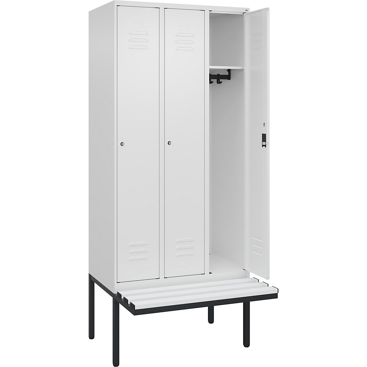 Armadietto Classic PLUS con panca – C+P, 3 scomparti, bianco traffico, largh. 900 mm, serratura a cilindro, panca sporgente, plastica-0