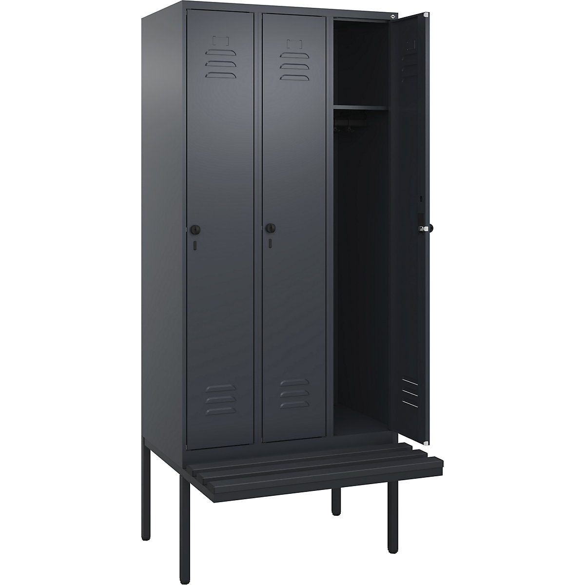 Armadietto Classic PLUS con panca – C+P, 3 scomparti, grigio, largh. 900 mm, serratura girevole di sicurezza, panca sporgente, plastica-0