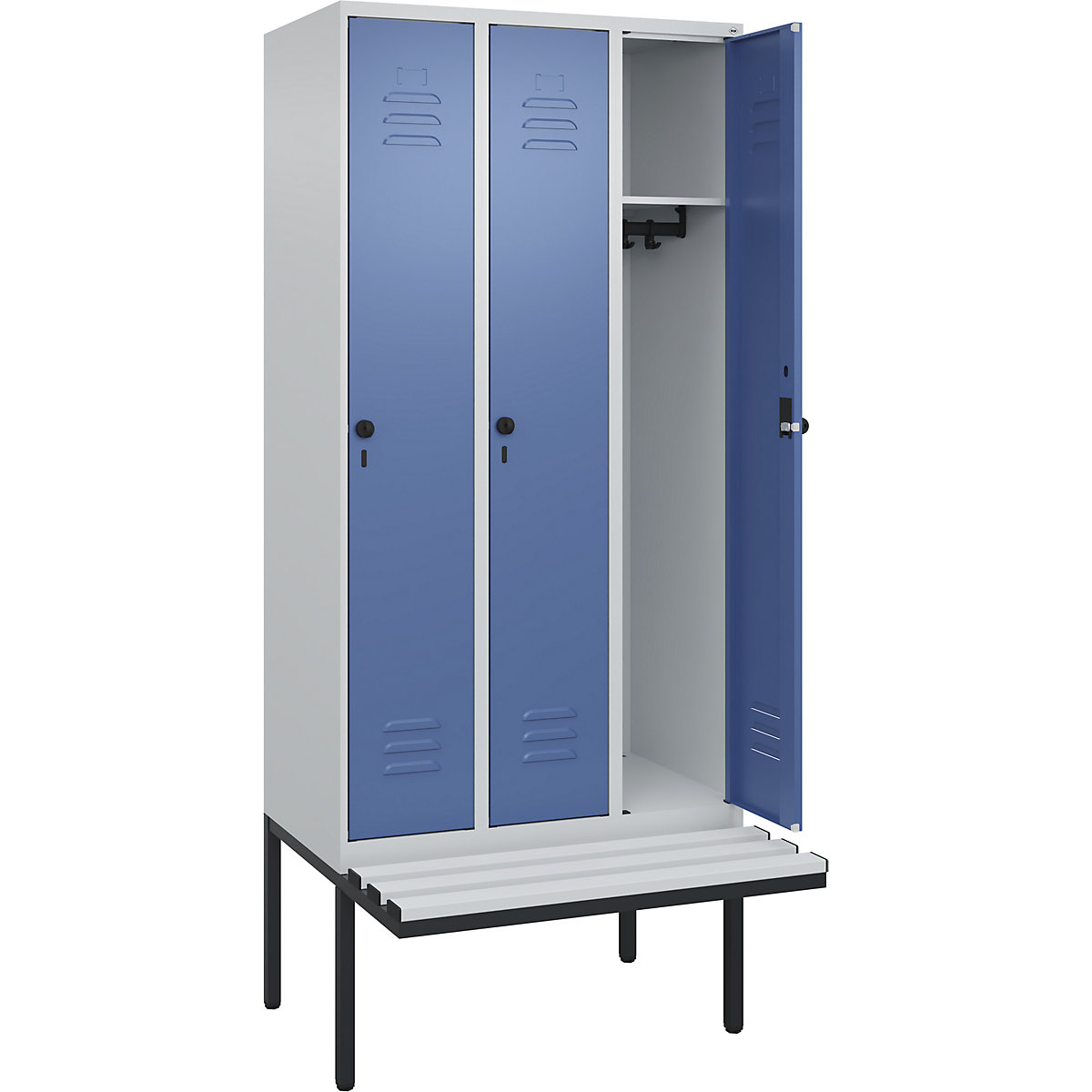 Armadietto Classic PLUS con panca – C+P, 3 scomparti, grigio chiaro / indaco, largh. 900 mm, serratura girevole di sicurezza, panca sporgente, plastica-0