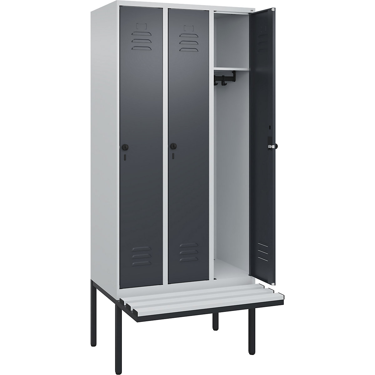 Armadietto Classic PLUS con panca – C+P, 3 scomparti, grigio chiaro / grigio, largh. 900 mm, serratura girevole di sicurezza, panca sporgente, plastica-0