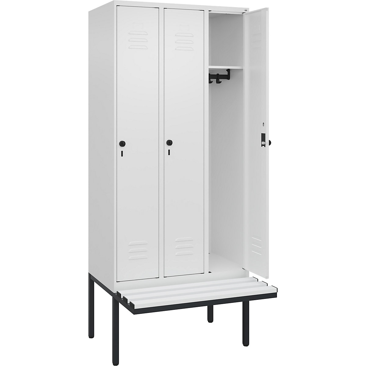 Armadietto Classic PLUS con panca – C+P, 3 scomparti, bianco traffico, largh. 900 mm, serratura girevole di sicurezza, panca sporgente, plastica-0