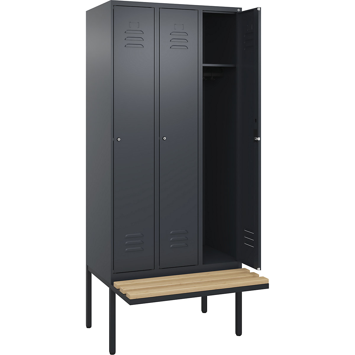 Armadietto Classic PLUS con panca – C+P, 3 scomparti, grigio, largh. 900 mm, serratura a cilindro, panca sporgente, legno duro di faggio-0