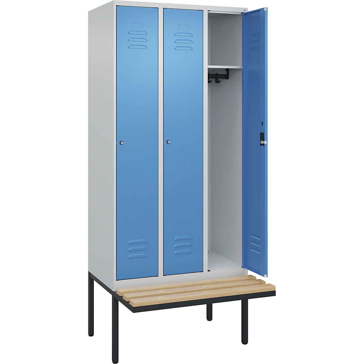 Armadietto Classic PLUS con panca – C+P, 3 scomparti, grigio chiaro / blu chiaro, largh. 900 mm, serratura a cilindro, panca sporgente, legno duro di faggio-0