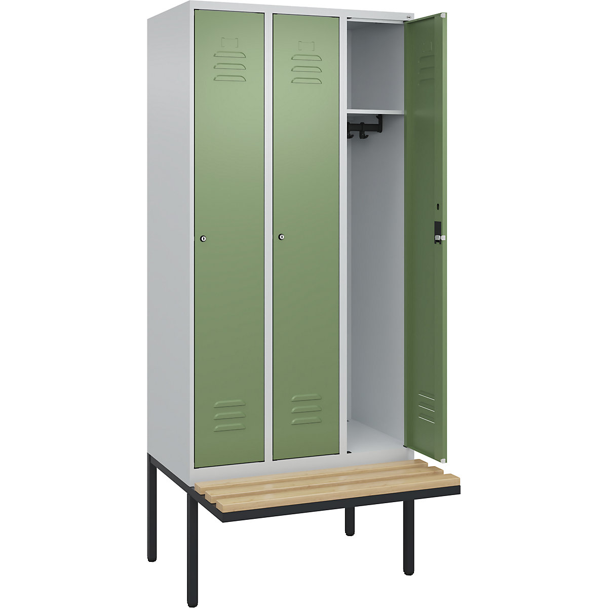 Armadietto Classic PLUS con panca – C+P, 3 scomparti, grigio chiaro / verde reseda, largh. 900 mm, serratura a cilindro, panca sporgente, legno duro di faggio-0