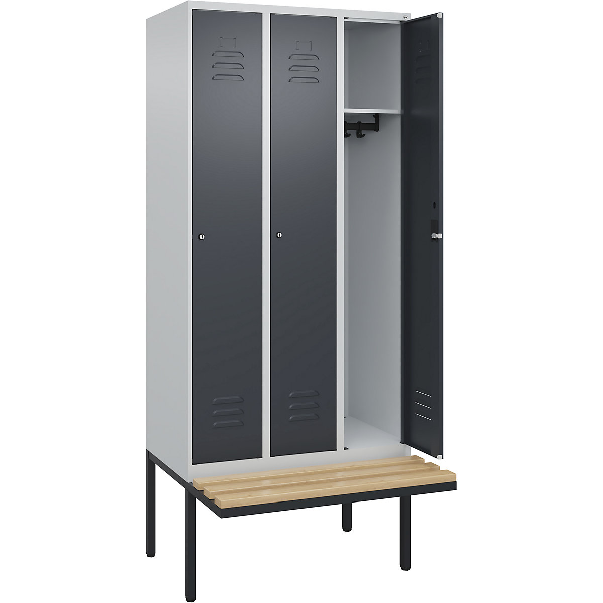 Armadietto Classic PLUS con panca – C+P, 3 scomparti, grigio chiaro / grigio, largh. 900 mm, serratura a cilindro, panca sporgente, legno duro di faggio-0