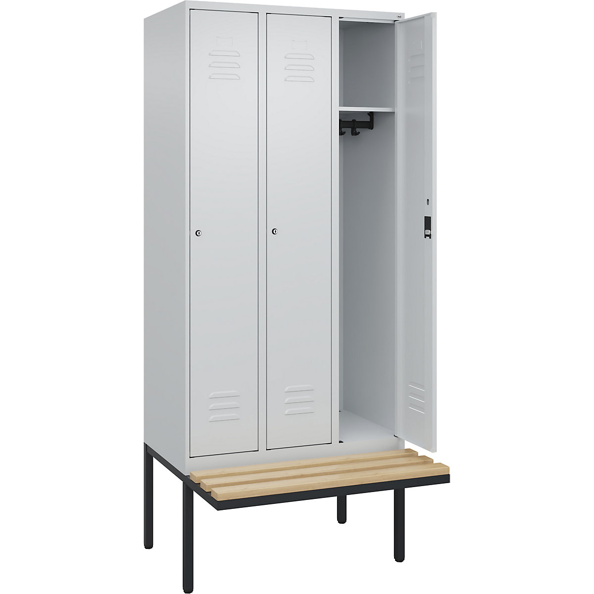 Armadietto Classic PLUS con panca – C+P, 3 scomparti, grigio chiaro, largh. 900 mm, serratura a cilindro, panca sporgente, legno duro di faggio-0