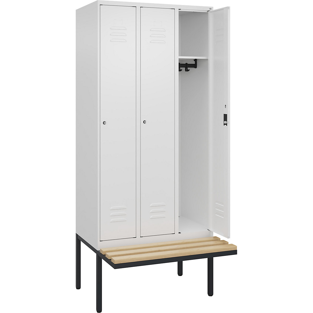 Armadietto Classic PLUS con panca – C+P, 3 scomparti, bianco traffico, largh. 900 mm, serratura a cilindro, panca sporgente, legno duro di faggio-0