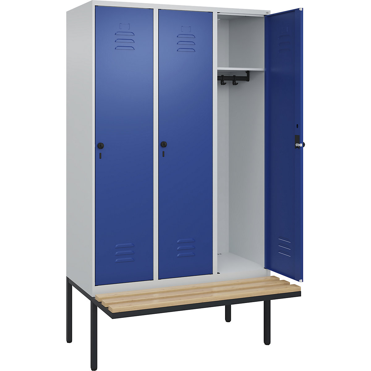 Armadietto Classic PLUS con panca – C+P, 3 scomparti, grigio chiaro / blu genziana, largh. 1200 mm, serratura girevole di sicurezza, panca sporgente, legno duro di faggio-0