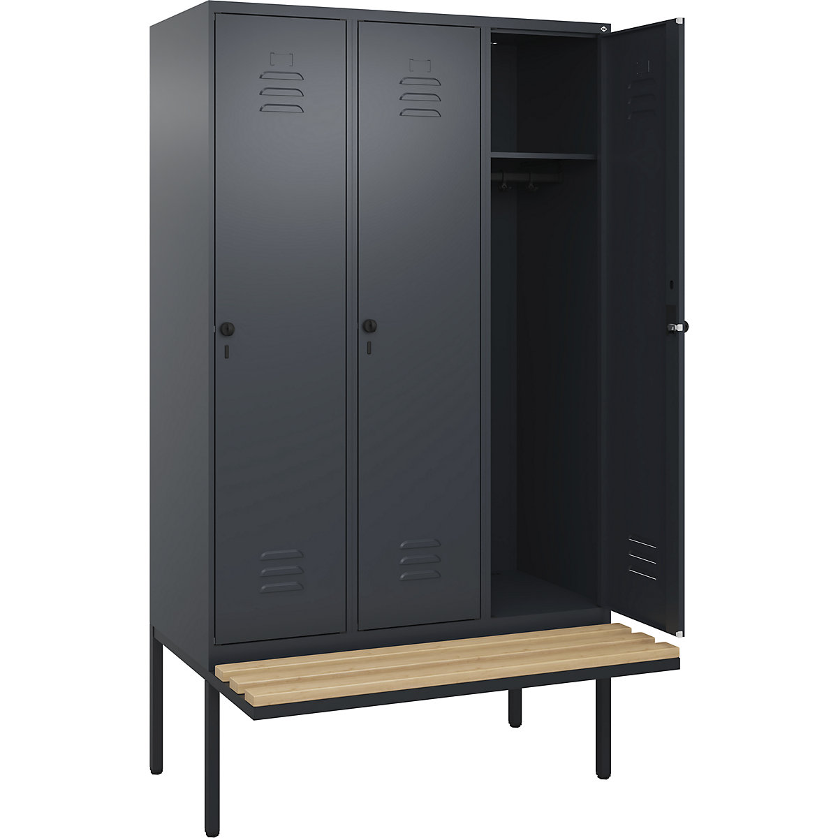 Armadietto Classic PLUS con panca – C+P, 3 scomparti, grigio, largh. 1200 mm, serratura girevole di sicurezza, panca sporgente, legno duro di faggio-0