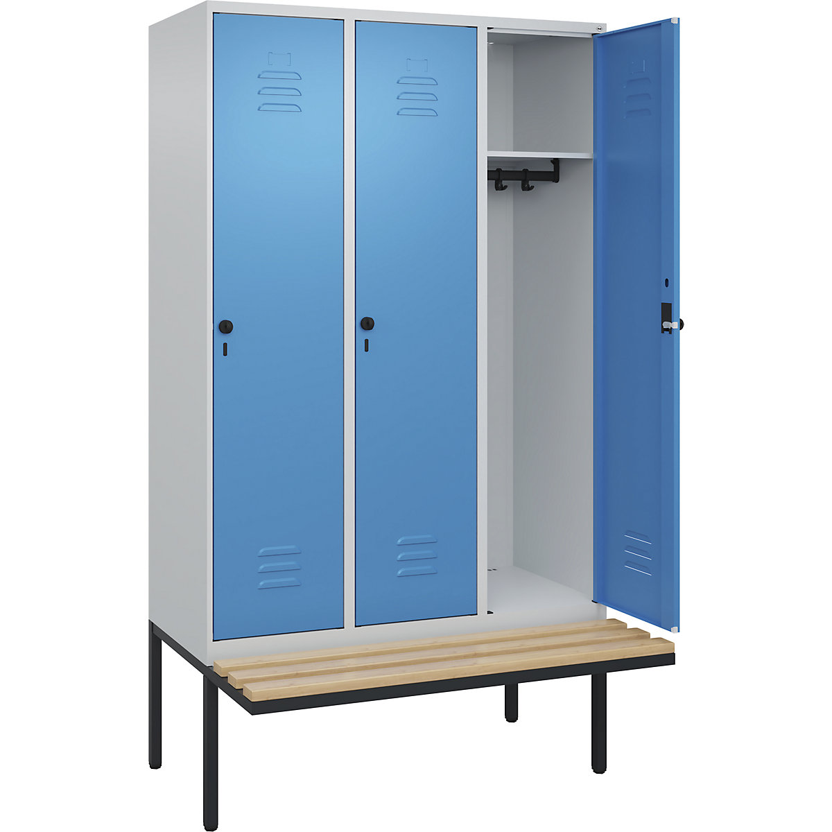 Armadietto Classic PLUS con panca – C+P, 3 scomparti, grigio chiaro / blu chiaro, largh. 1200 mm, serratura girevole di sicurezza, panca sporgente, legno duro di faggio-0
