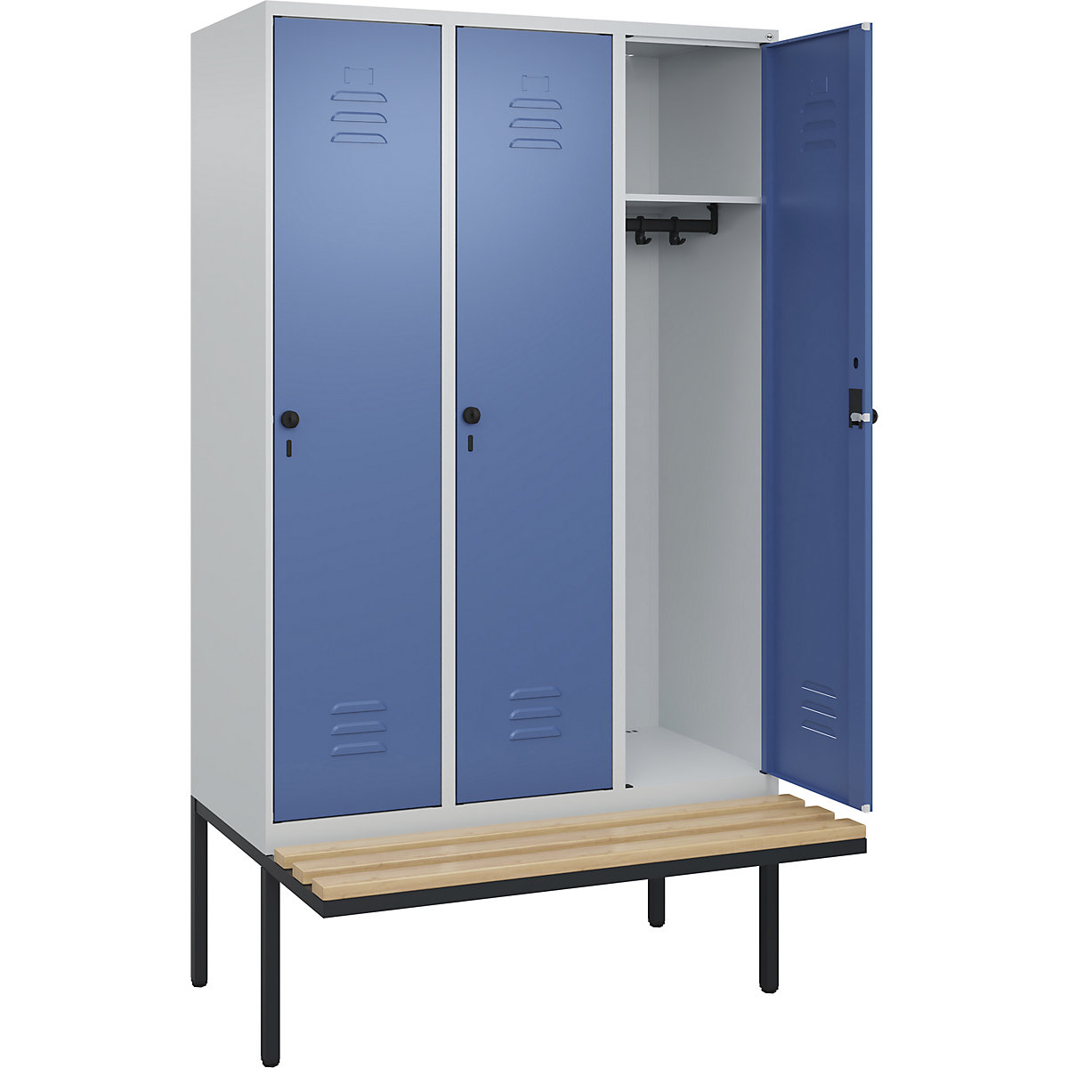 Armadietto Classic PLUS con panca – C+P, 3 scomparti, grigio chiaro / indaco, largh. 1200 mm, serratura girevole di sicurezza, panca sporgente, legno duro di faggio-0