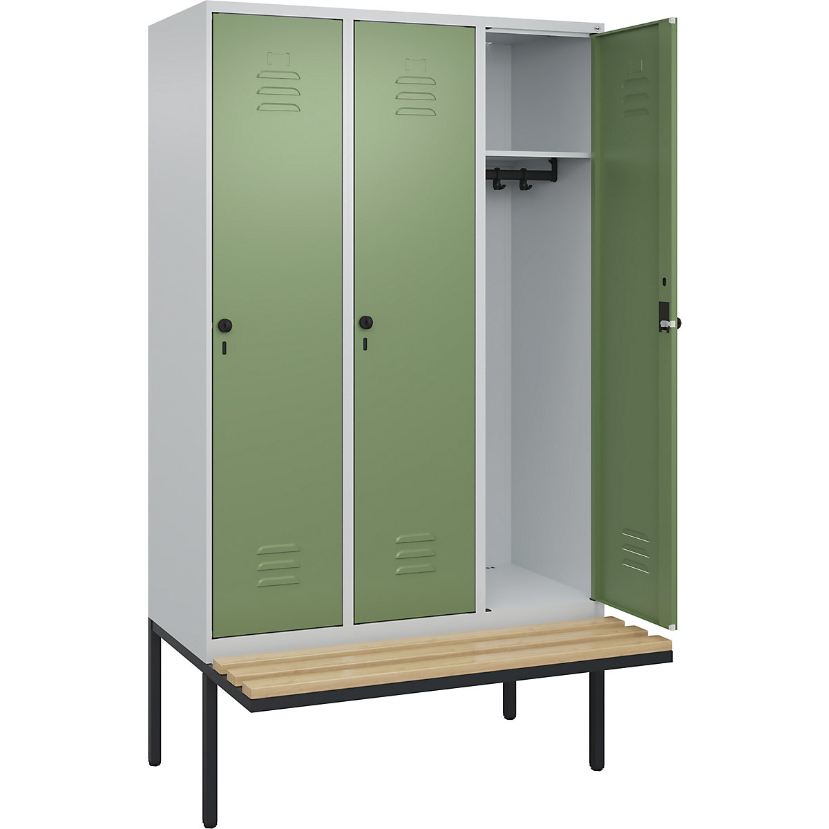 Armadietto Classic PLUS con panca – C+P, 3 scomparti, grigio chiaro / verde reseda, largh. 1200 mm, serratura girevole di sicurezza, panca sporgente, legno duro di faggio-0