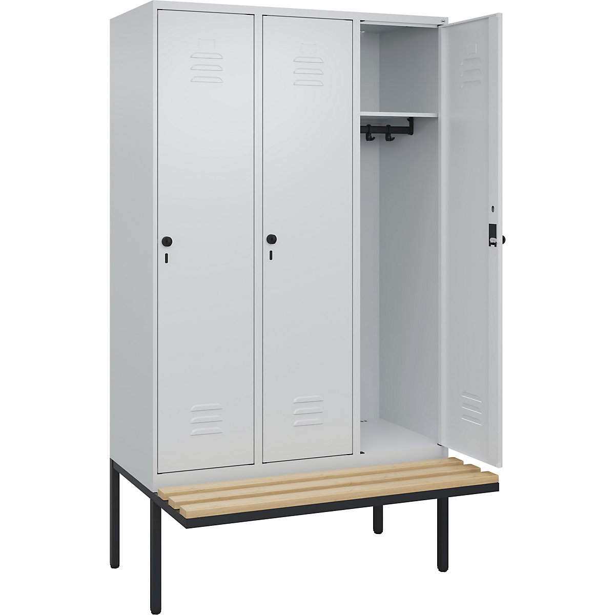Armadietto Classic PLUS con panca – C+P, 3 scomparti, grigio chiaro, largh. 1200 mm, serratura girevole di sicurezza, panca sporgente, legno duro di faggio-0