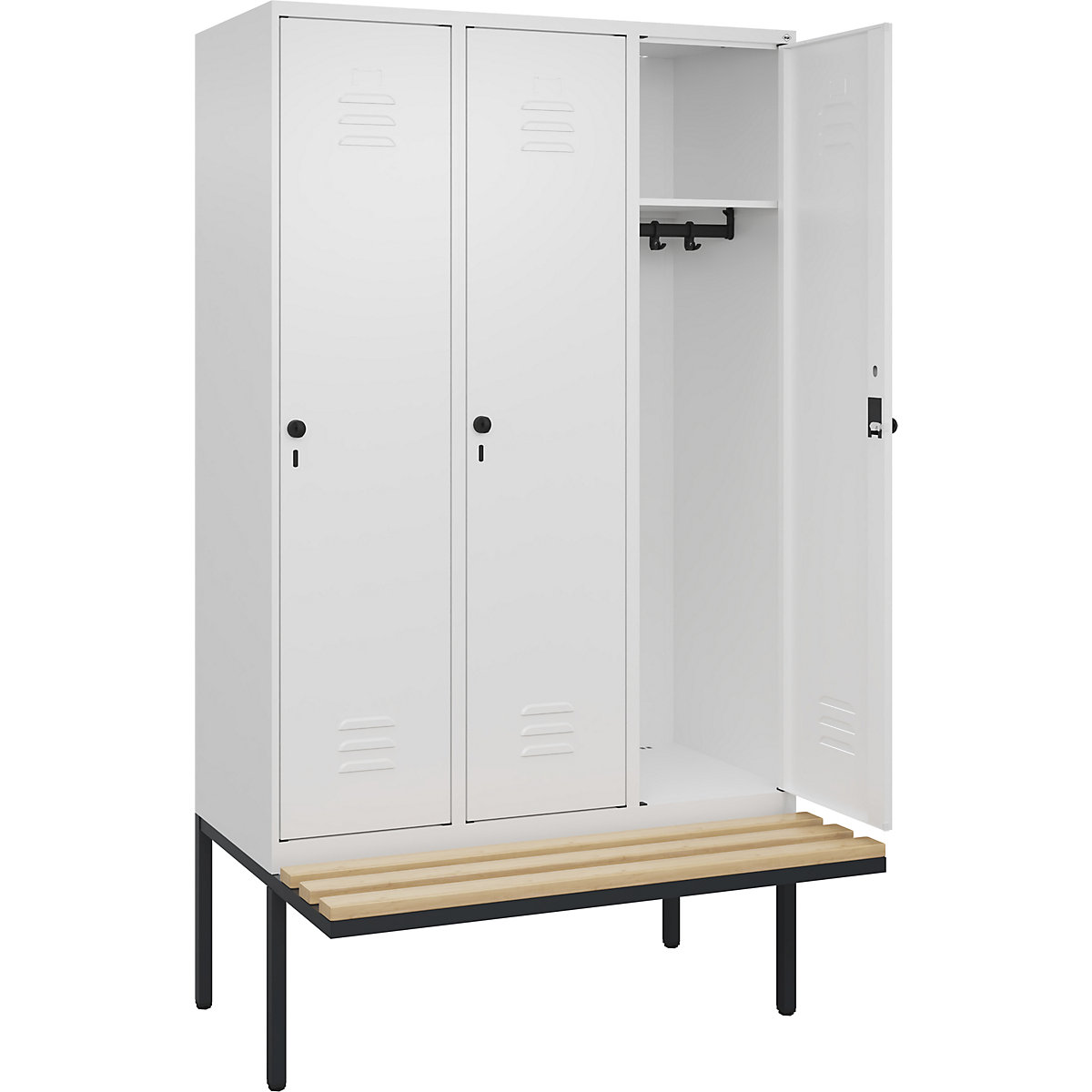 Armadietto Classic PLUS con panca – C+P, 3 scomparti, bianco traffico, largh. 1200 mm, serratura girevole di sicurezza, panca sporgente, legno duro di faggio-0