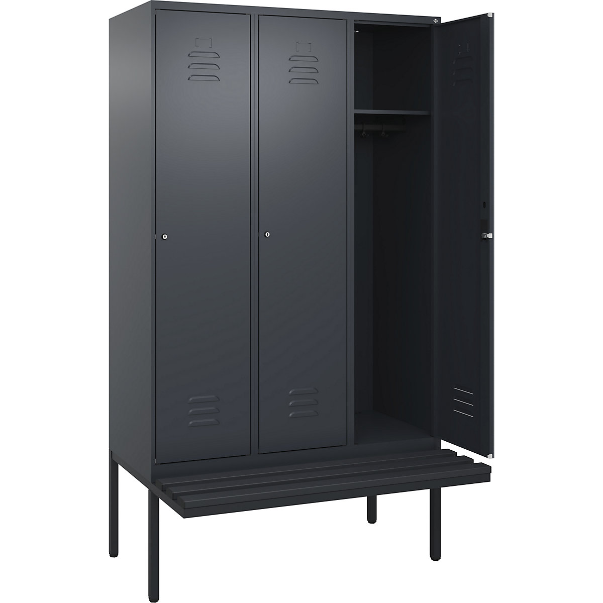 Armadietto Classic PLUS con panca – C+P, 3 scomparti, grigio, largh. 1200 mm, serratura a cilindro, panca sporgente, plastica-0