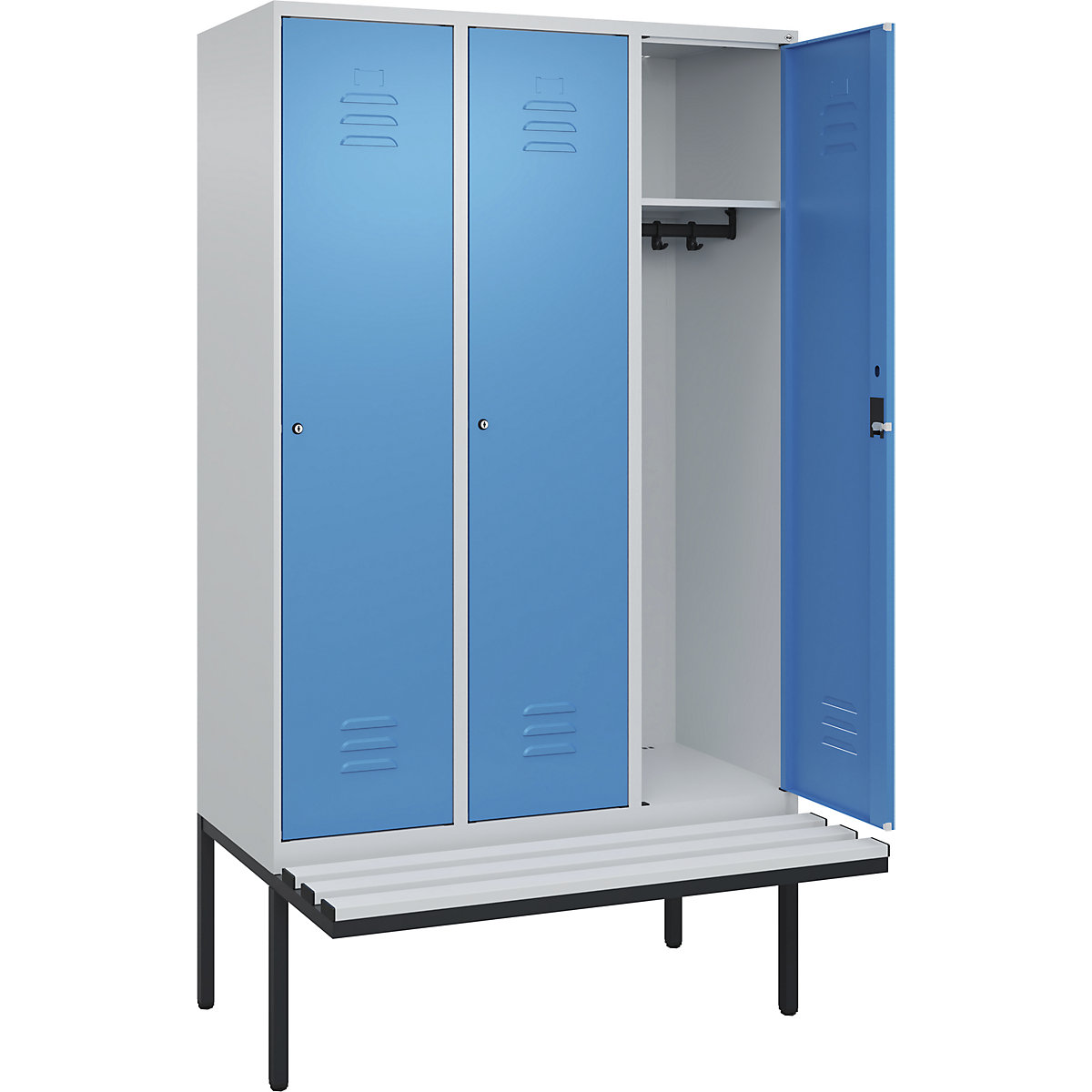 Armadietto Classic PLUS con panca – C+P, 3 scomparti, grigio chiaro / blu chiaro, largh. 1200 mm, serratura a cilindro, panca sporgente, plastica-0