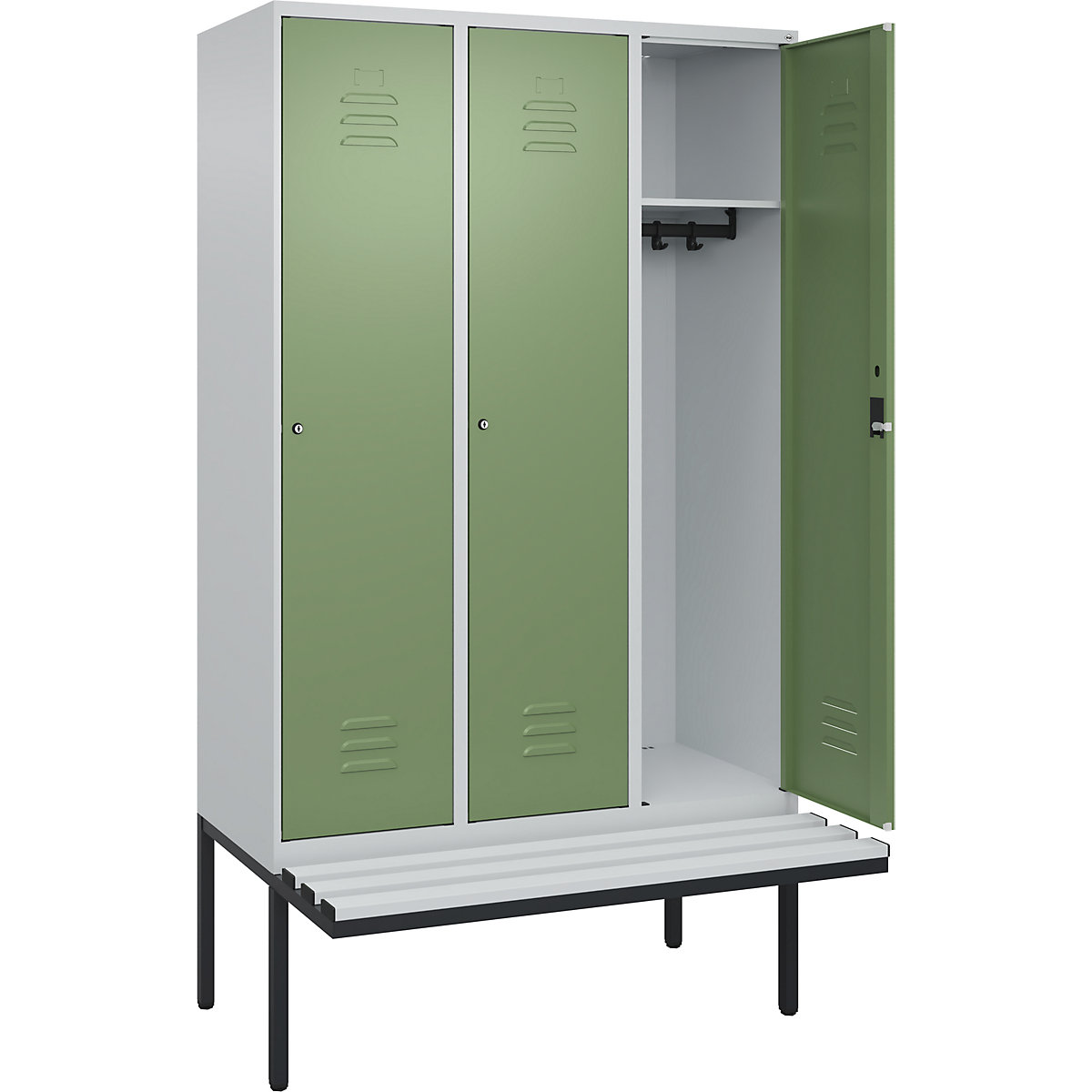 Armadietto Classic PLUS con panca – C+P, 3 scomparti, grigio chiaro / verde reseda, largh. 1200 mm, serratura a cilindro, panca sporgente, plastica-0