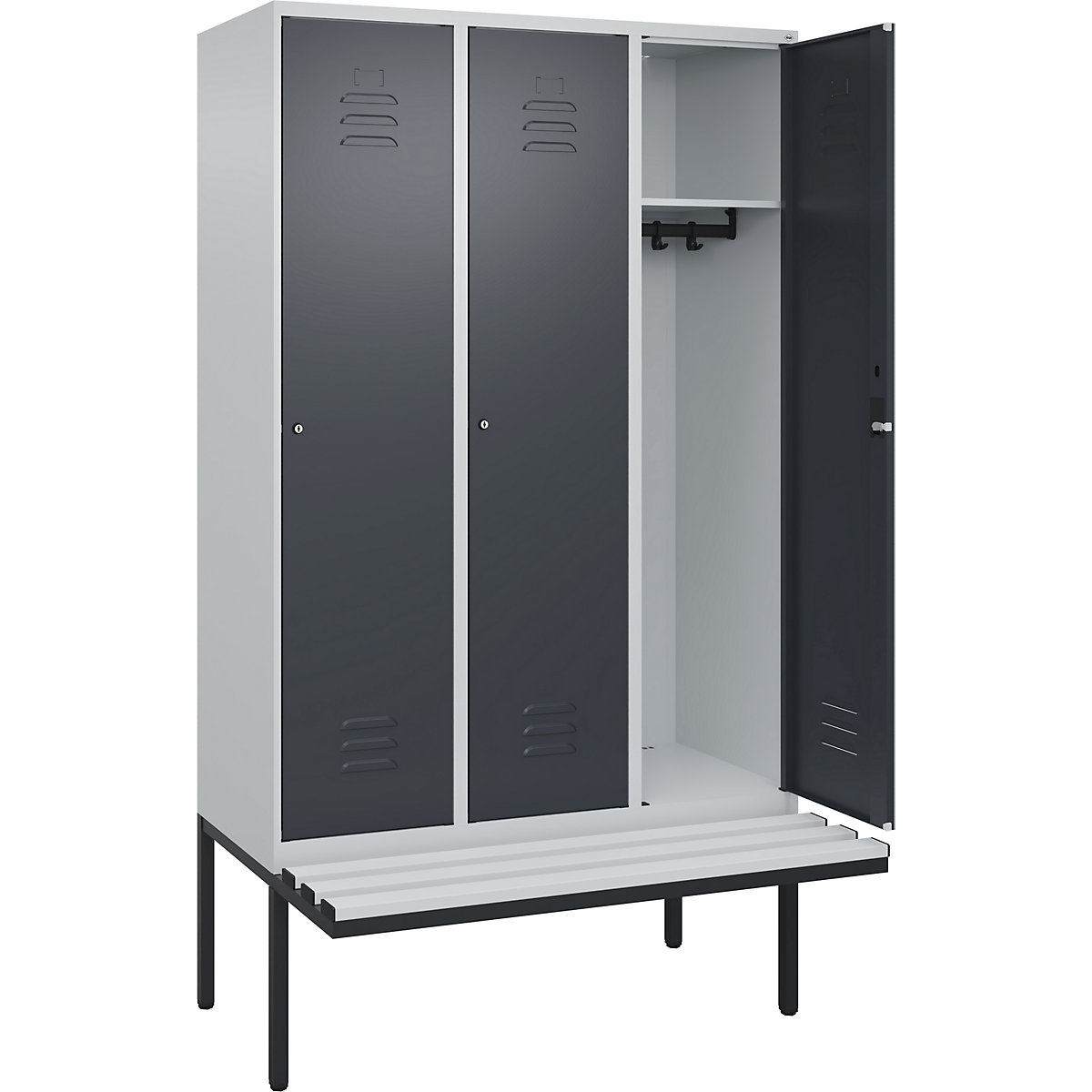 Armadietto Classic PLUS con panca – C+P, 3 scomparti, grigio chiaro / grigio, largh. 1200 mm, serratura a cilindro, panca sporgente, plastica-0