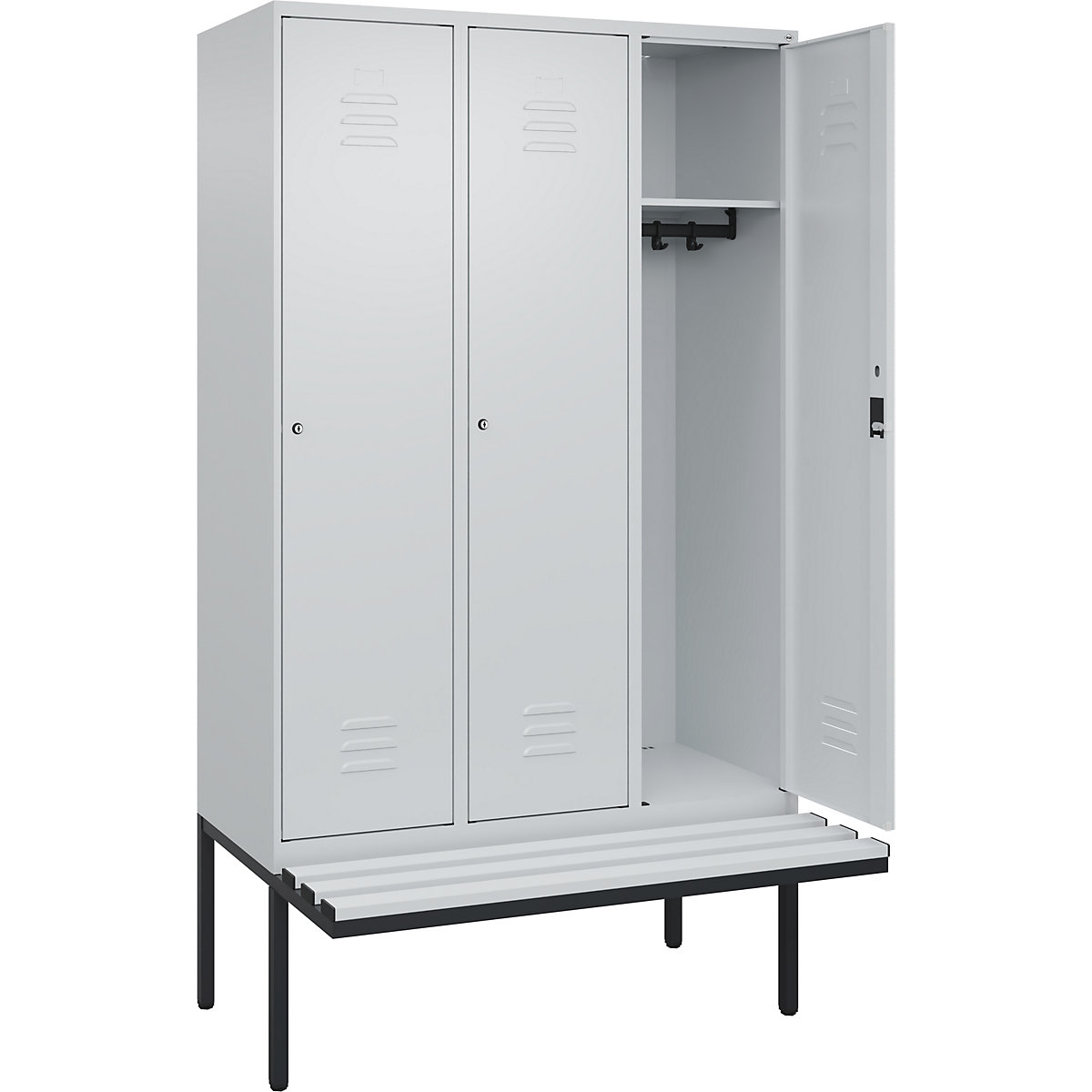 Armadietto Classic PLUS con panca – C+P, 3 scomparti, grigio chiaro, largh. 1200 mm, serratura a cilindro, panca sporgente, plastica-0