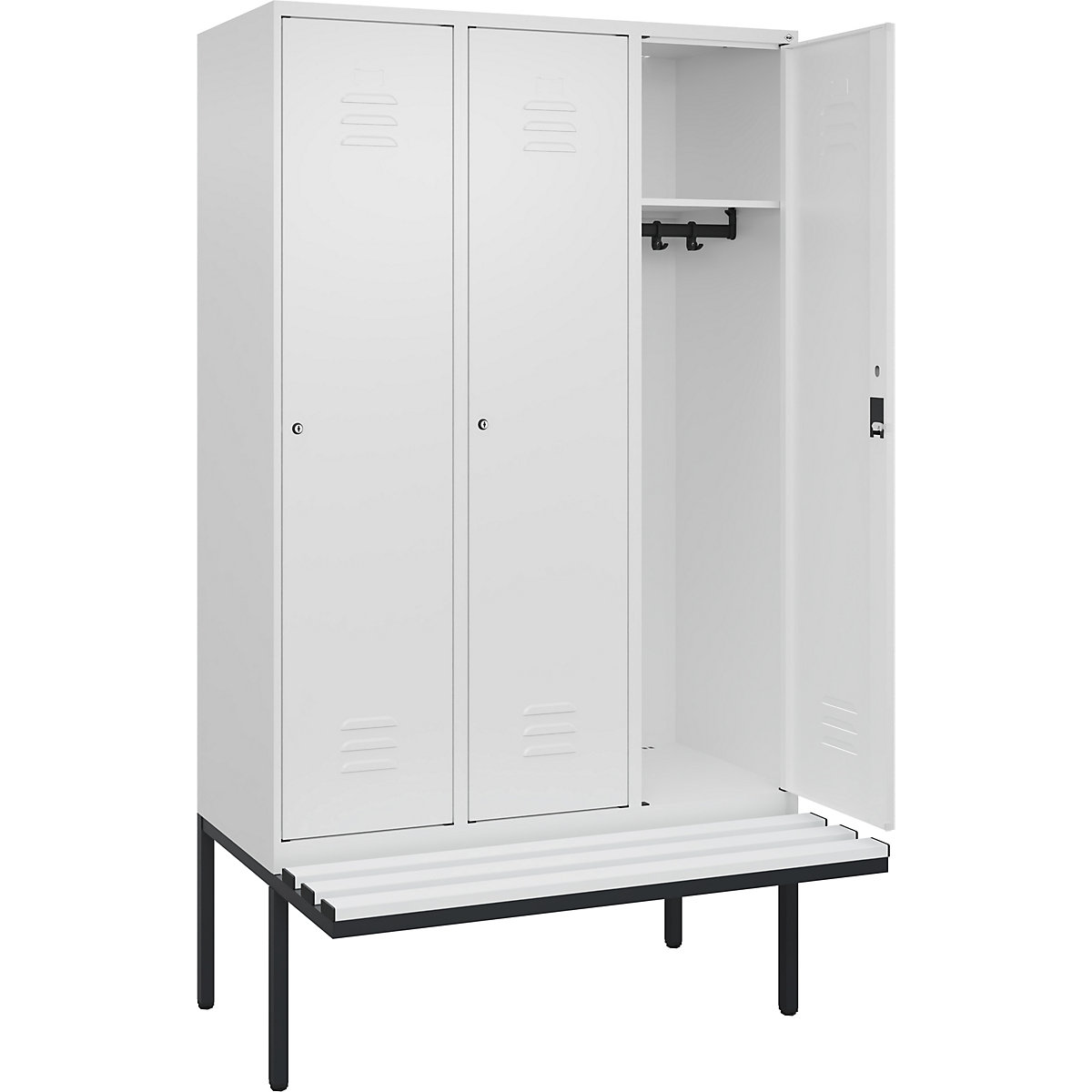 Armadietto Classic PLUS con panca – C+P, 3 scomparti, bianco traffico, largh. 1200 mm, serratura a cilindro, panca sporgente, plastica-0