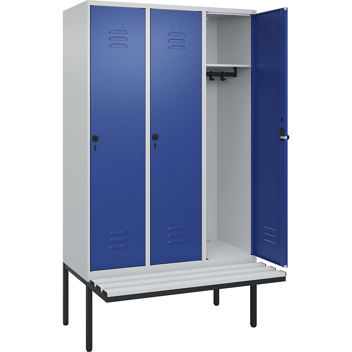 Armadietto Classic PLUS con panca – C+P, 3 scomparti, grigio chiaro / blu genziana, largh. 1200 mm, serratura girevole di sicurezza, panca sporgente, plastica-0