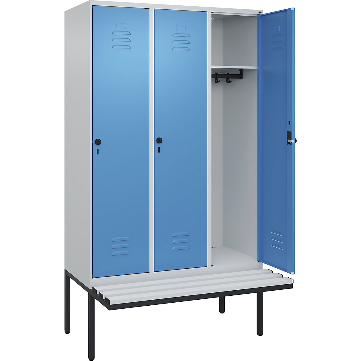Armadietto Classic PLUS con panca – C+P, 3 scomparti, grigio chiaro / blu chiaro, largh. 1200 mm, serratura girevole di sicurezza, panca sporgente, plastica-0