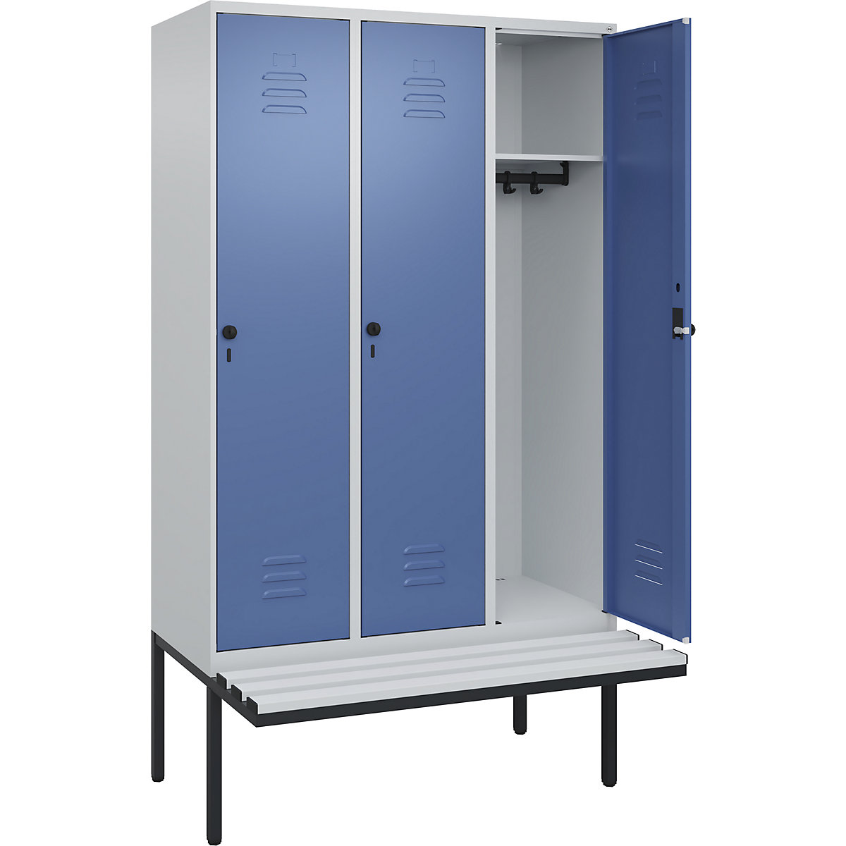 Armadietto Classic PLUS con panca – C+P, 3 scomparti, grigio chiaro / indaco, largh. 1200 mm, serratura girevole di sicurezza, panca sporgente, plastica-0