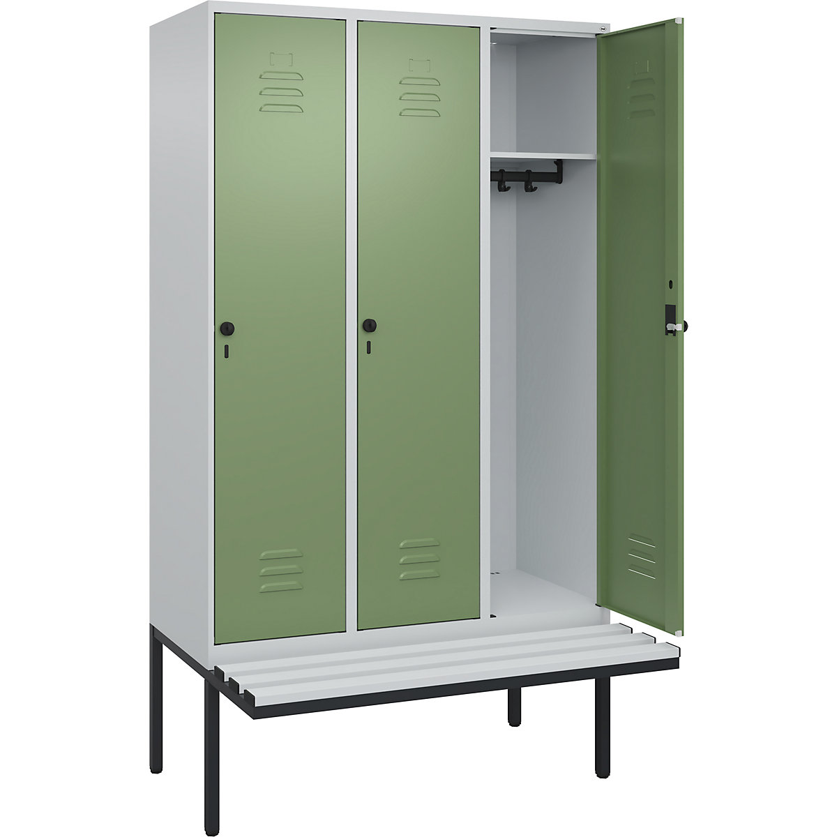 Armadietto Classic PLUS con panca – C+P, 3 scomparti, grigio chiaro / verde reseda, largh. 1200 mm, serratura girevole di sicurezza, panca sporgente, plastica-0