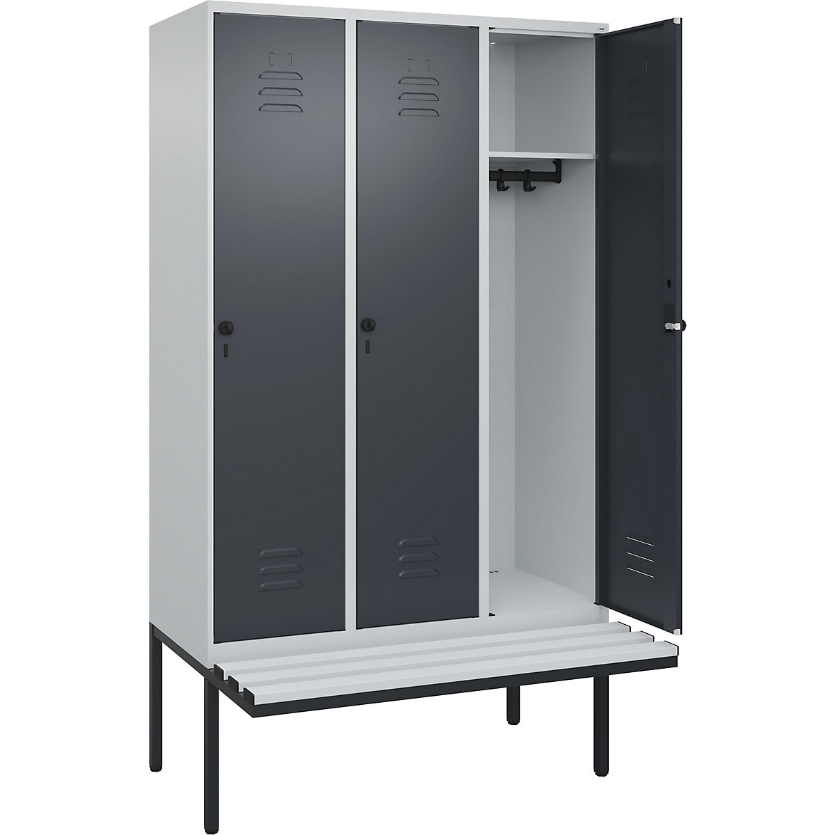 Armadietto Classic PLUS con panca – C+P, 3 scomparti, grigio chiaro / grigio, largh. 1200 mm, serratura girevole di sicurezza, panca sporgente, plastica-0