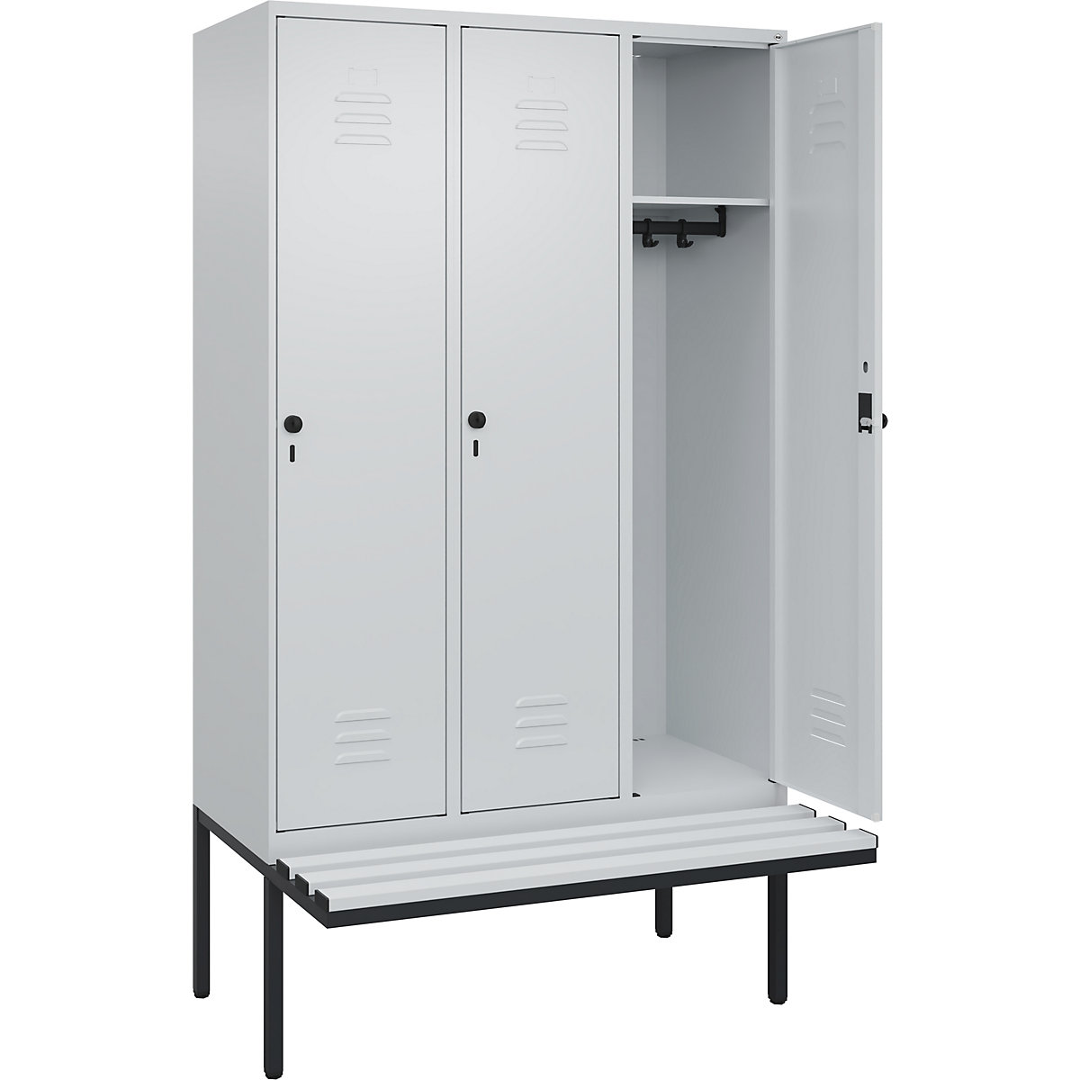 Armadietto Classic PLUS con panca – C+P, 3 scomparti, grigio chiaro, largh. 1200 mm, serratura girevole di sicurezza, panca sporgente, plastica-0