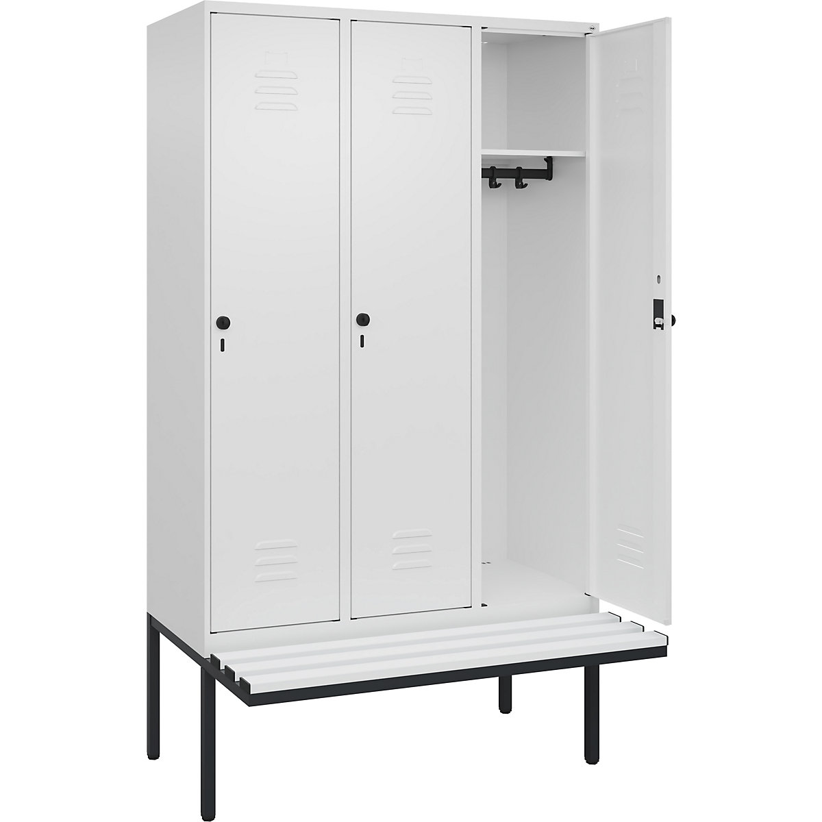 Armadietto Classic PLUS con panca – C+P, 3 scomparti, bianco traffico, largh. 1200 mm, serratura girevole di sicurezza, panca sporgente, plastica-0