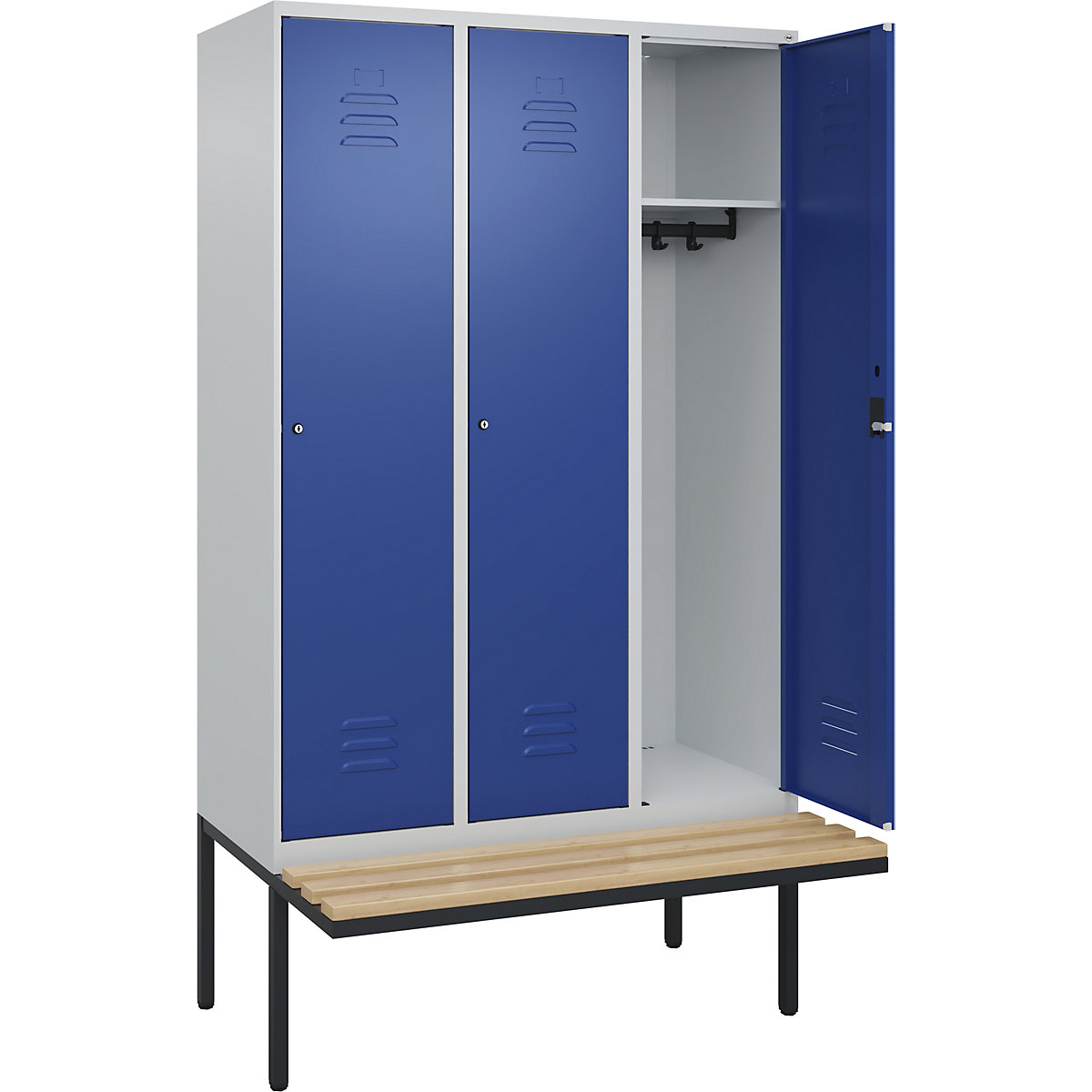 Armadietto Classic PLUS con panca – C+P, 3 scomparti, grigio chiaro / blu genziana, largh. 1200 mm, serratura a cilindro, panca sporgente, legno duro di faggio-0