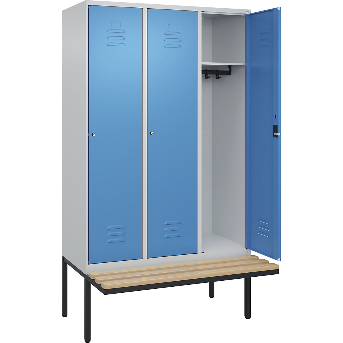 Armadietto Classic PLUS con panca – C+P, 3 scomparti, grigio chiaro / blu chiaro, largh. 1200 mm, serratura a cilindro, panca sporgente, legno duro di faggio-0