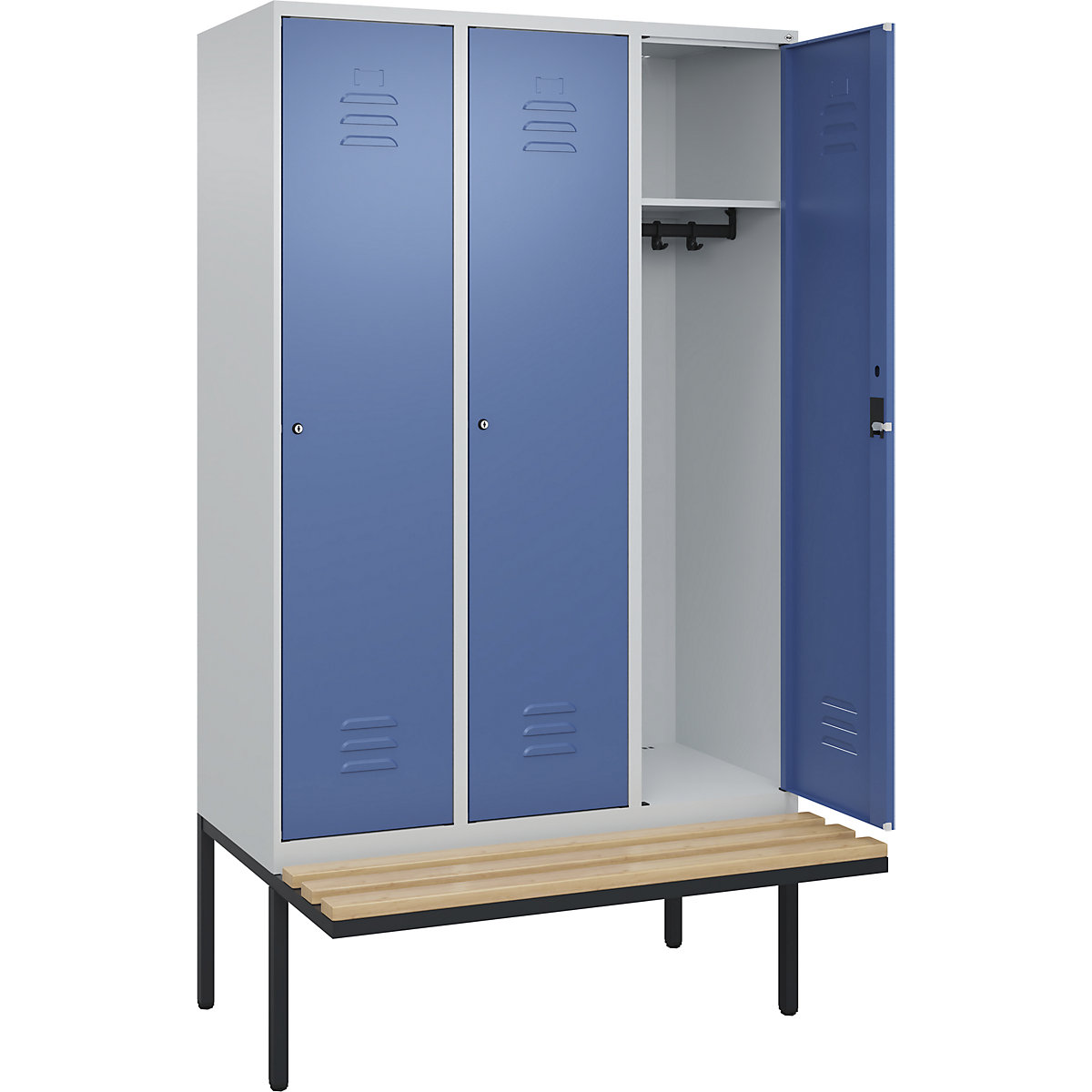 Armadietto Classic PLUS con panca – C+P, 3 scomparti, grigio chiaro / indaco, largh. 1200 mm, serratura a cilindro, panca sporgente, legno duro di faggio-0