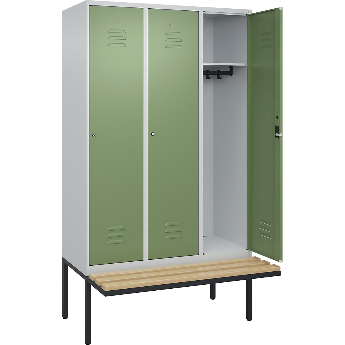 Armadietto Classic PLUS con panca – C+P, 3 scomparti, grigio chiaro / verde reseda, largh. 1200 mm, serratura a cilindro, panca sporgente, legno duro di faggio-0