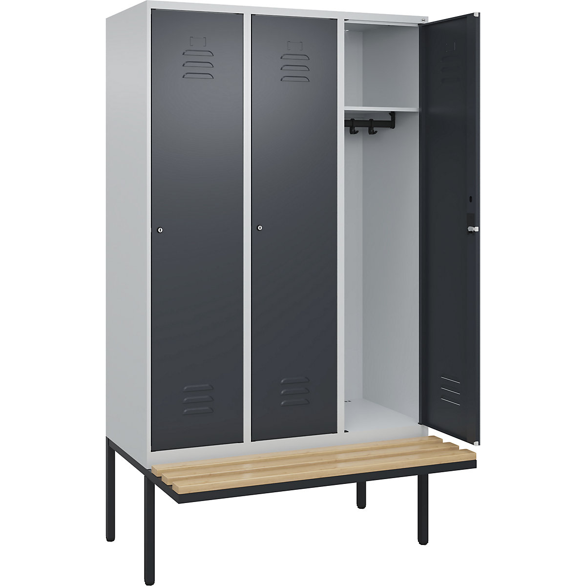 Armadietto Classic PLUS con panca – C+P, 3 scomparti, grigio chiaro / grigio, largh. 1200 mm, serratura a cilindro, panca sporgente, legno duro di faggio-0