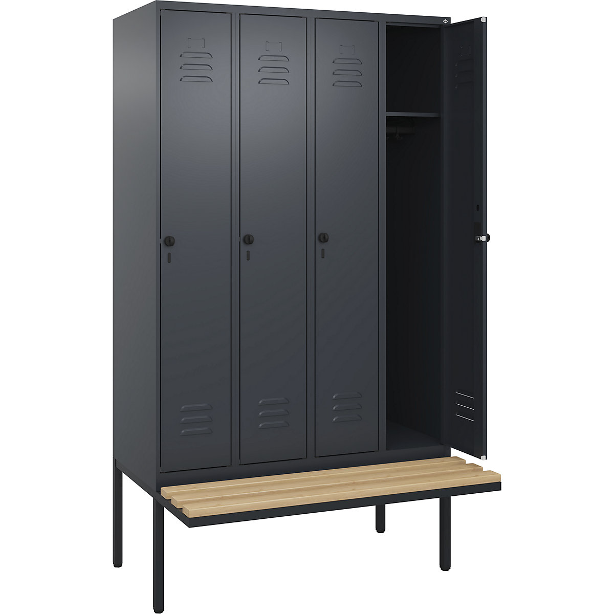 Armadietto Classic PLUS con panca – C+P, 4 scomparti, grigio, largh. 1200 mm, serratura girevole di sicurezza, panca sporgente, legno duro di faggio-0