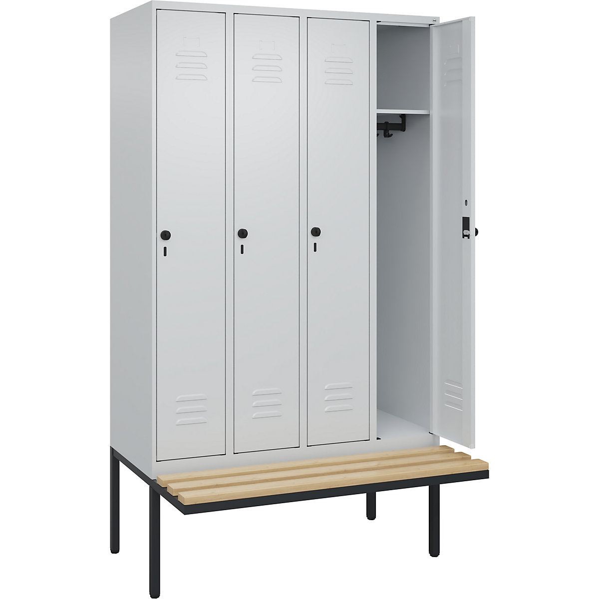 Armadietto Classic PLUS con panca – C+P, 4 scomparti, grigio chiaro, largh. 1200 mm, serratura girevole di sicurezza, panca sporgente, legno duro di faggio-0