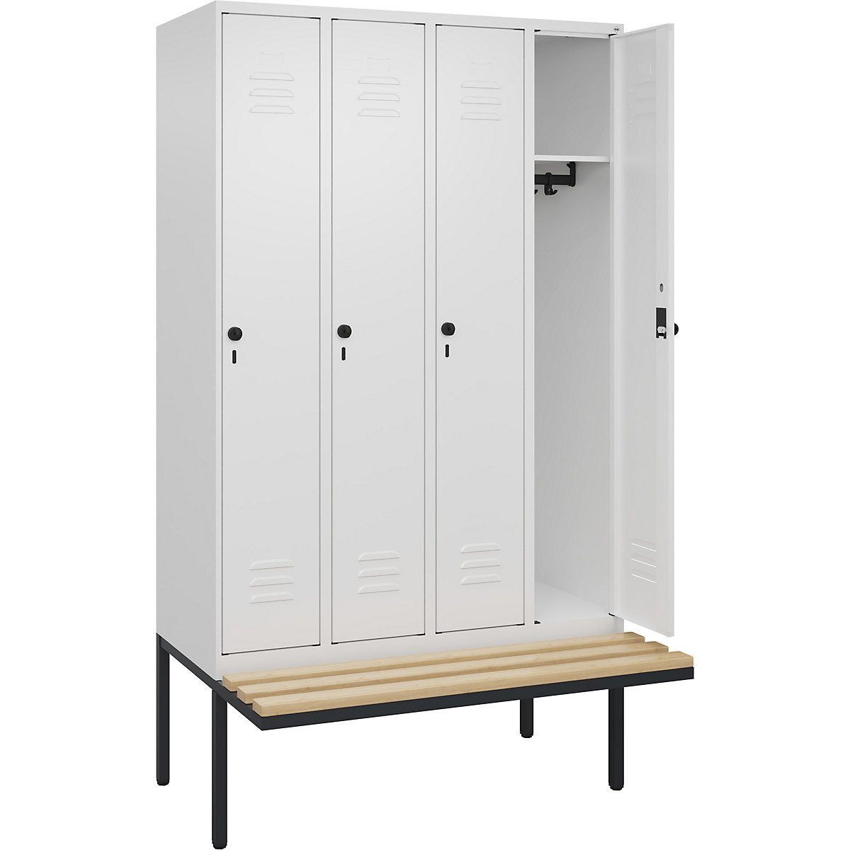 Armadietto Classic PLUS con panca – C+P, 4 scomparti, bianco traffico, largh. 1200 mm, serratura girevole di sicurezza, panca sporgente, legno duro di faggio-0