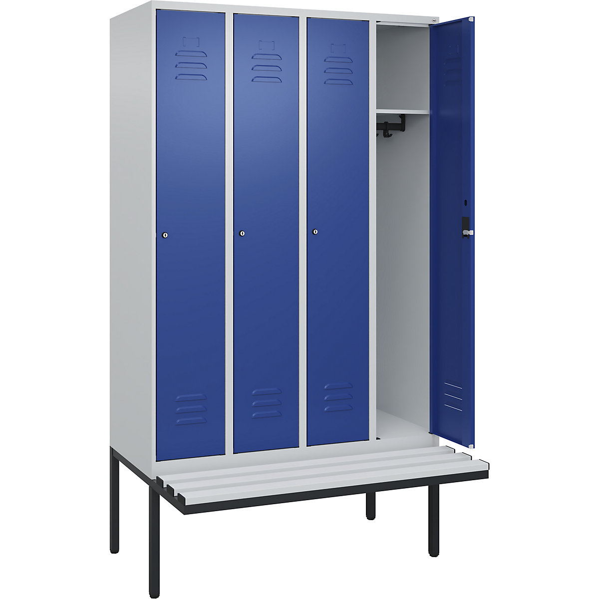 Armadietto Classic PLUS con panca – C+P, 4 scomparti, grigio chiaro / blu genziana, largh. 1200 mm, serratura a cilindro, panca sporgente, plastica-0