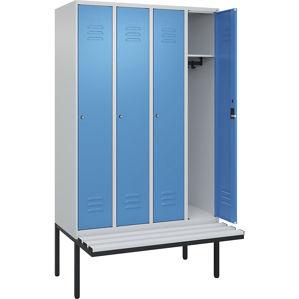 Armadietto Classic PLUS con panca – C+P, 4 scomparti, grigio chiaro / blu chiaro, largh. 1200 mm, serratura a cilindro, panca sporgente, plastica-0