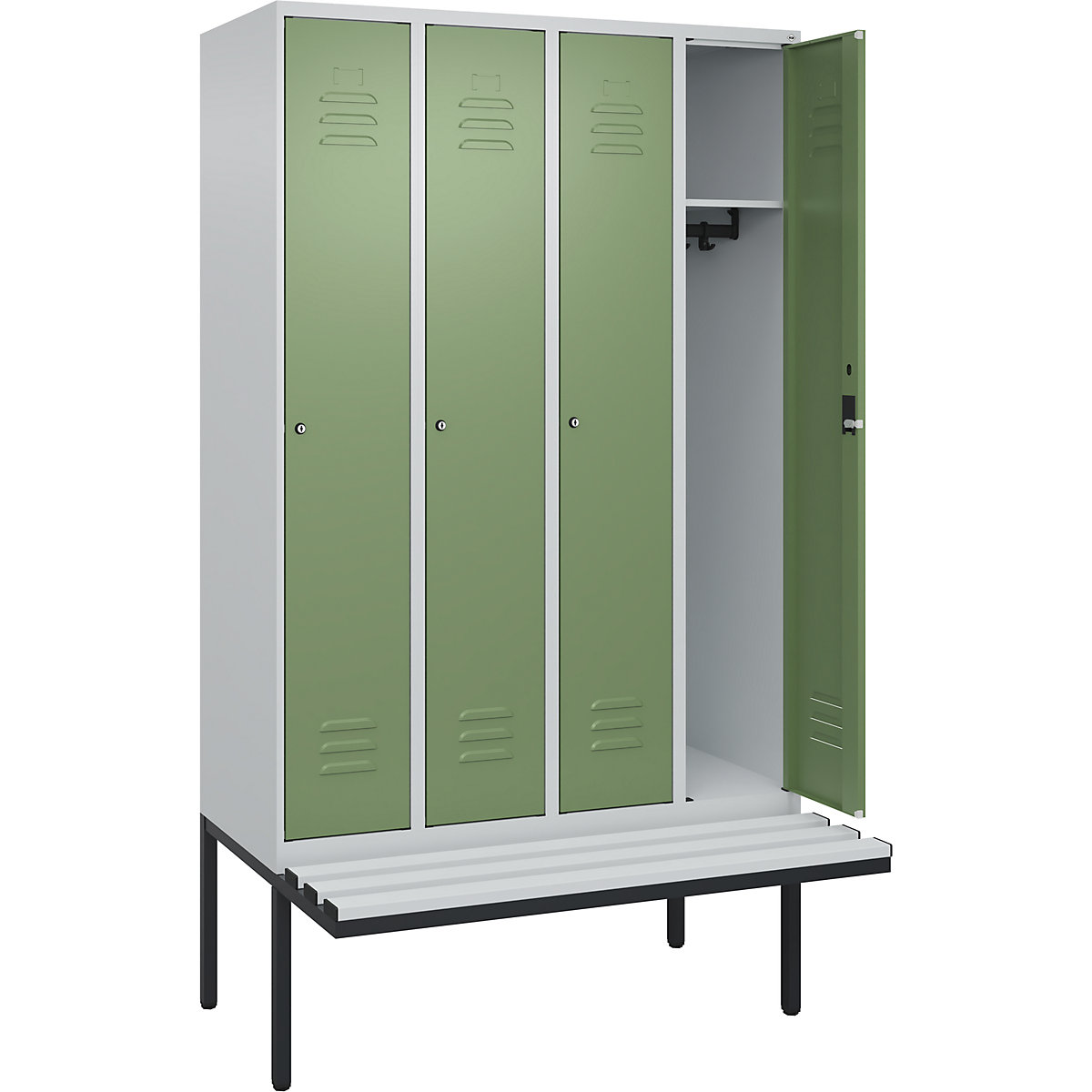 Armadietto Classic PLUS con panca – C+P, 4 scomparti, grigio chiaro / verde reseda, largh. 1200 mm, serratura a cilindro, panca sporgente, plastica-0
