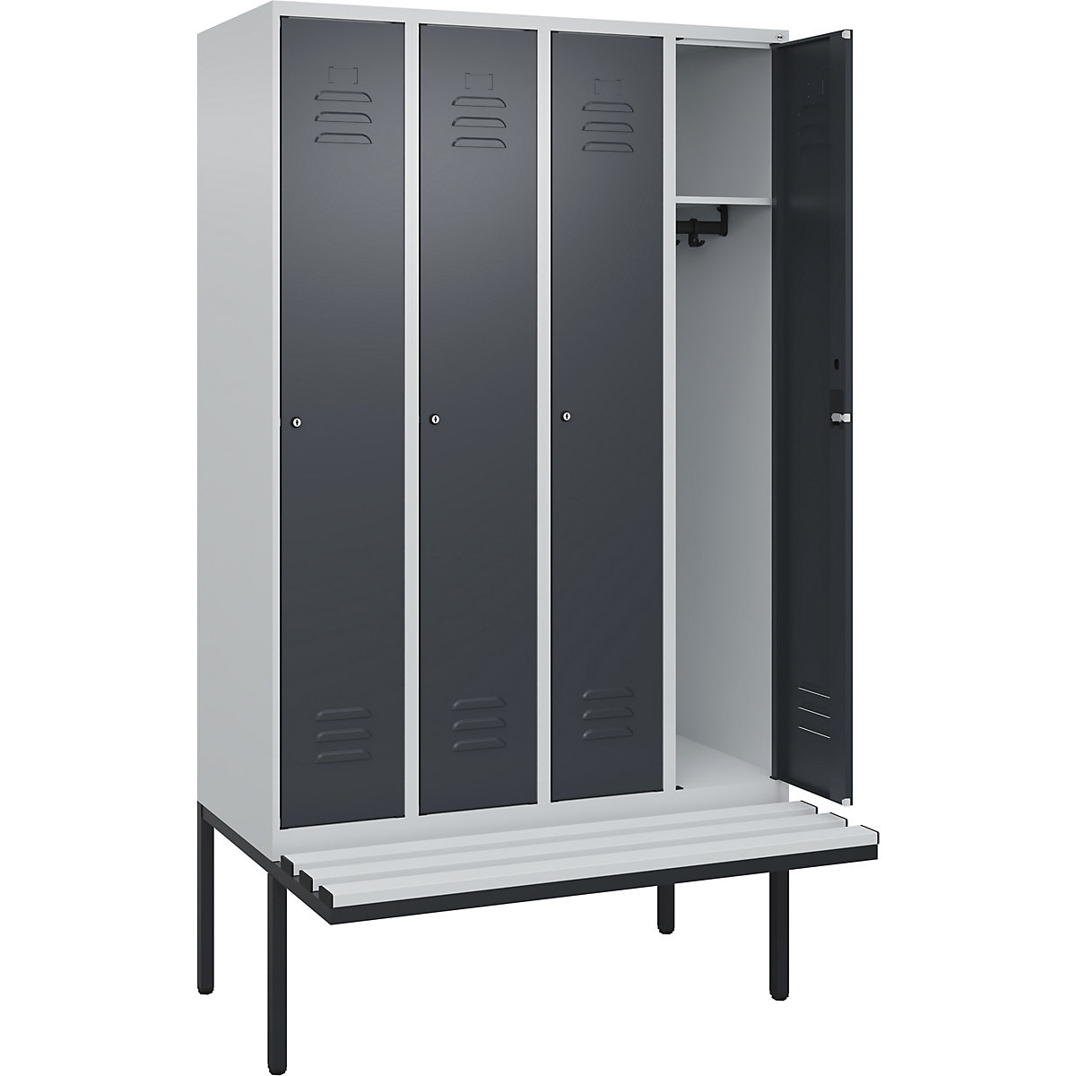 Armadietto Classic PLUS con panca – C+P, 4 scomparti, grigio chiaro / grigio, largh. 1200 mm, serratura a cilindro, panca sporgente, plastica-0