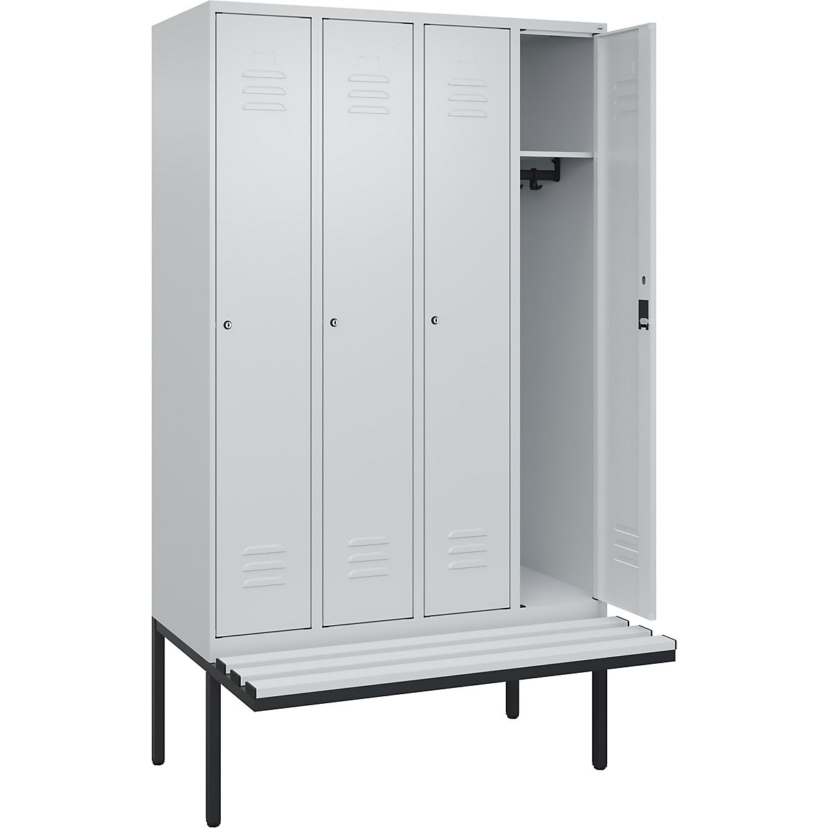 Armadietto Classic PLUS con panca – C+P, 4 scomparti, grigio chiaro, largh. 1200 mm, serratura a cilindro, panca sporgente, plastica-0