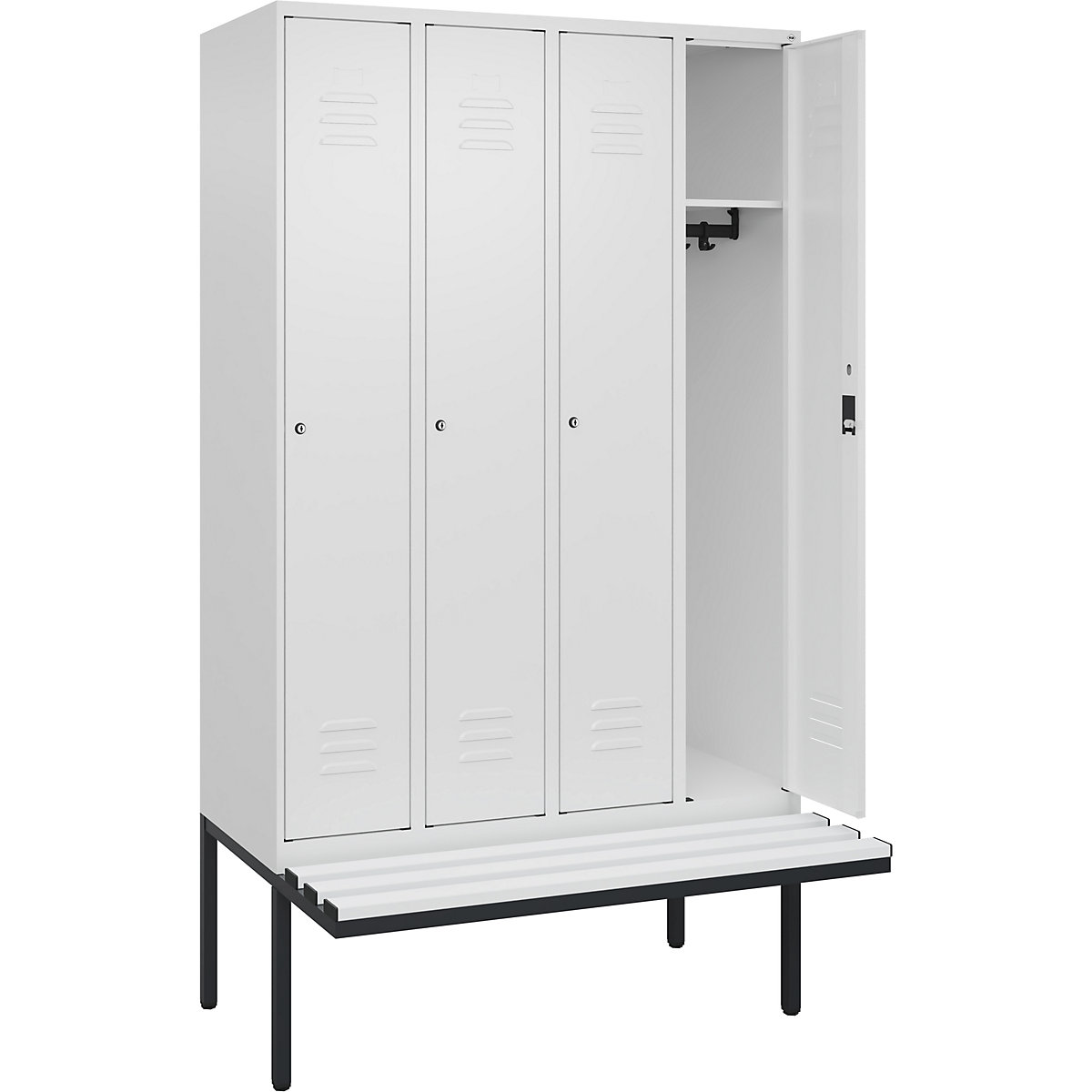 Armadietto Classic PLUS con panca – C+P, 4 scomparti, bianco traffico, largh. 1200 mm, serratura a cilindro, panca sporgente, plastica-0