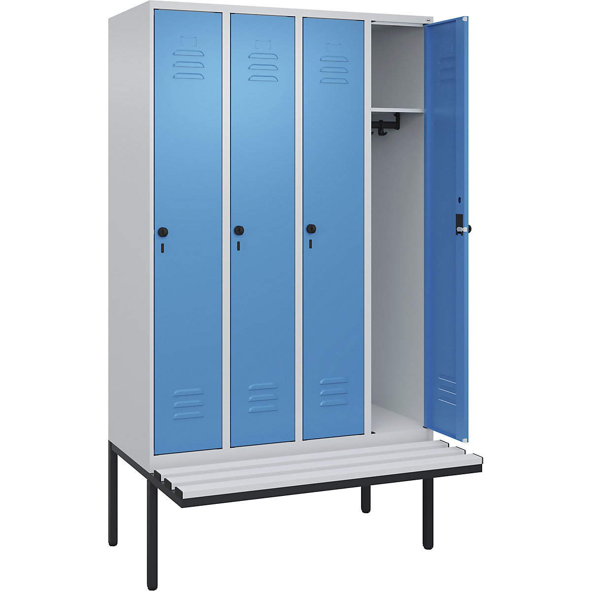 Armadietto Classic PLUS con panca – C+P, 4 scomparti, grigio chiaro / blu chiaro, largh. 1200 mm, serratura girevole di sicurezza, panca sporgente, plastica-0